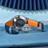 Caseback and folding clasp of the Blue Meridian by Pagani Design on blue velvet