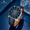 Blue Meridian watch by Pagani Design angled beside a glass block on a blue backdrop