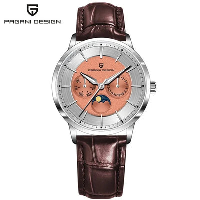 Copper Moon watch with moon phase dial and brown leather strap