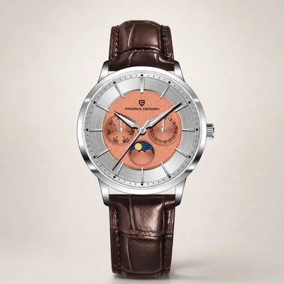 Copper Moon dress watch with moon phase dial and leather strap