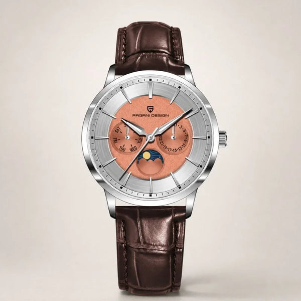 Copper Moon moonphase watch by Pagani Design, salmon sub-dials on a silver dial with brown leather strap