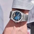 Men Wearing SIlver Blue Watch