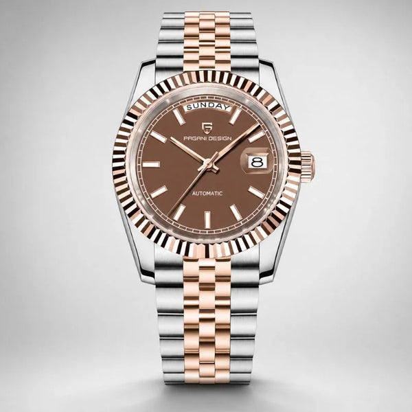Aurelia day-date automatic watch by Pagani Design, brown enamel dial on a two-tone steel and rose gold bracelet