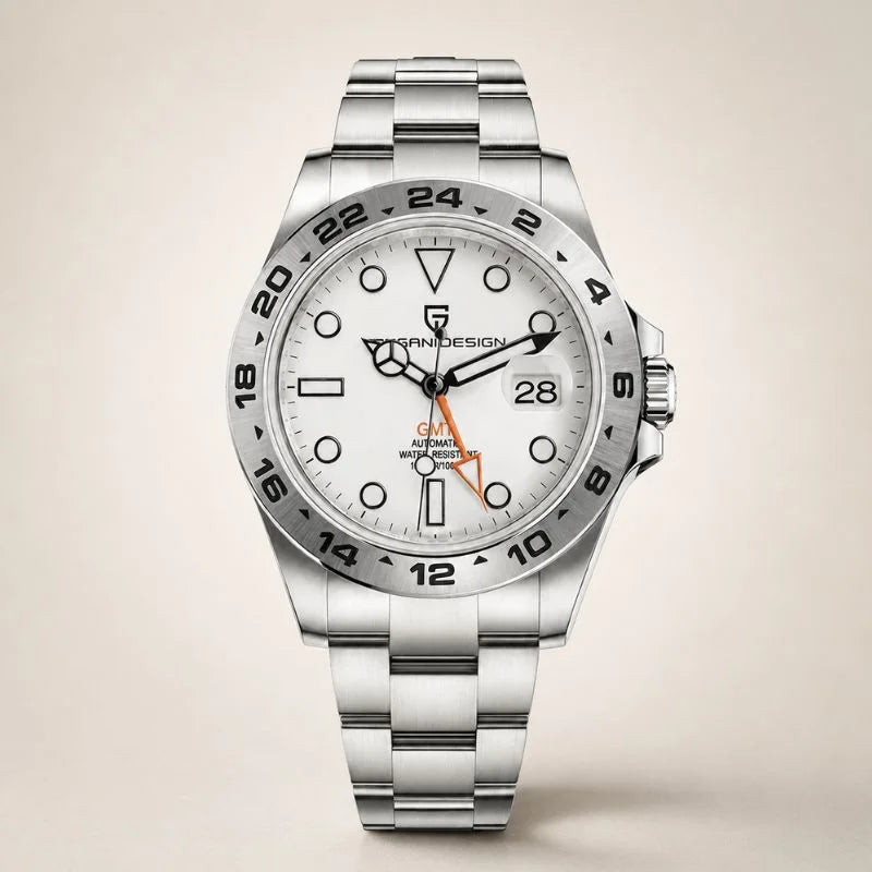 Explorer GMT automatic watch by Pagani Design, white dial with orange GMT hand and steel bracelet