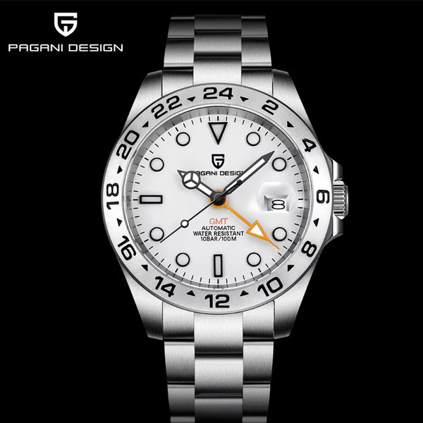 White-dial Explorer GMT by Pagani Design on a black background with the brand logo