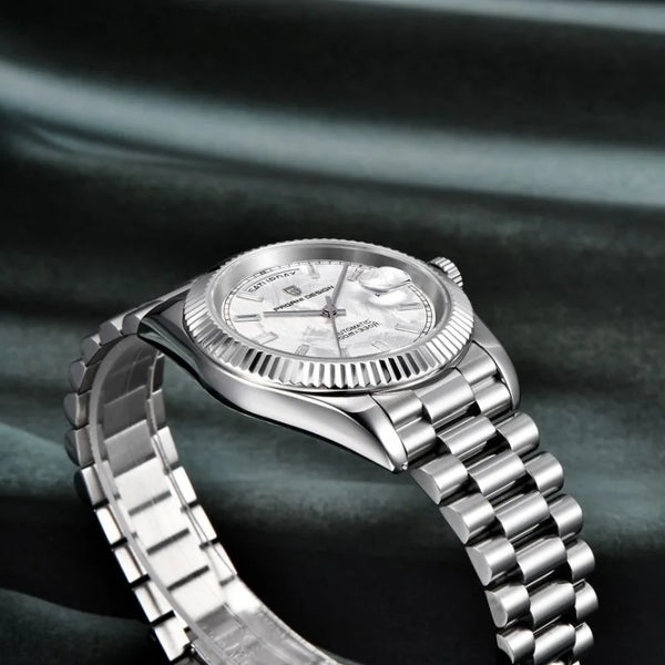 Silver Prestige Edition by Pagani Design angled on green silk fabric