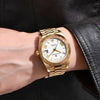 Man in a black leather jacket wearing the gold Prestige Edition day-date by Pagani Design