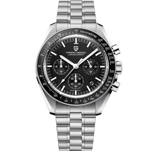 Lunarsteel chronograph by Pagani Design photographed front-on over a white background