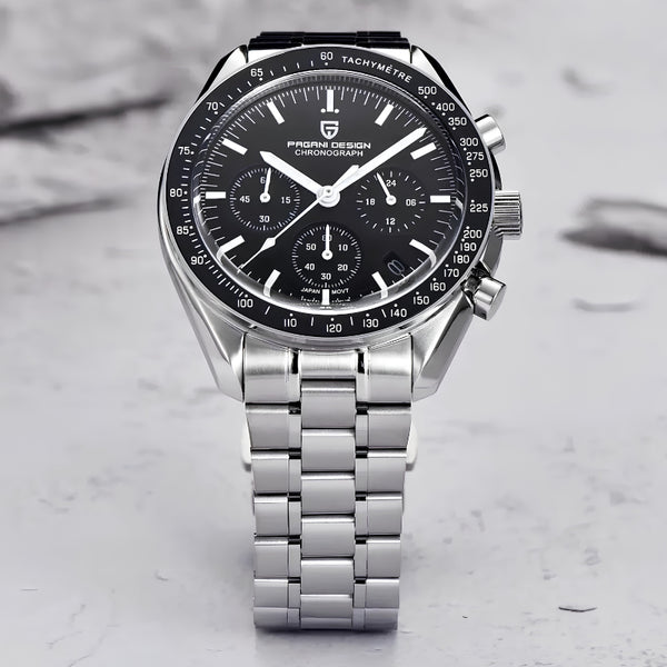 Lunarsteel chronograph by Pagani Design standing on a grey rock surface
