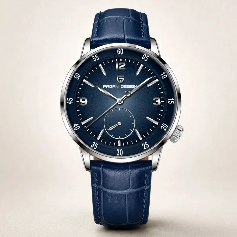 Blue Meridian automatic watch by Pagani Design, blue dial with small seconds and blue leather strap