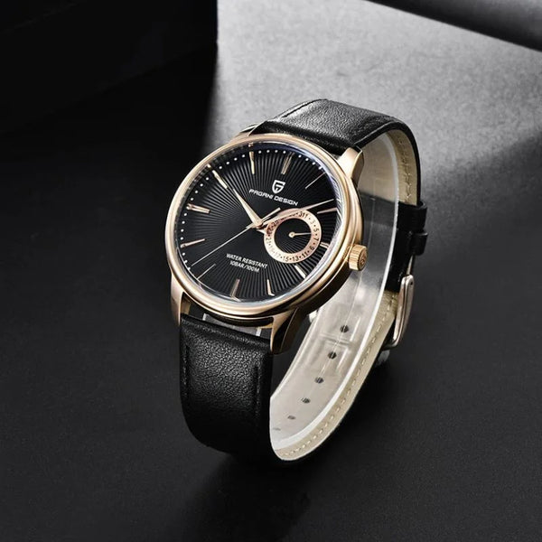 Midnight Elegant de oro rosa de Pagani Design inclinado sobre una superficie gris oscuro