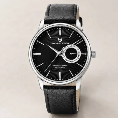 Midnight dress watch with black dial and black leather strap