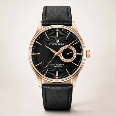 Midnight dress watch with dark dial and leather strap, the lightest here