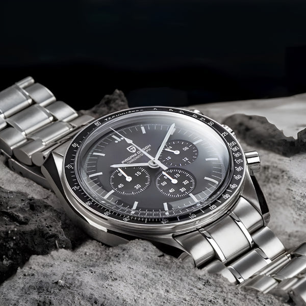 Lunarsteel quartz chronograph by Pagani Design resting on a grey lunar rock