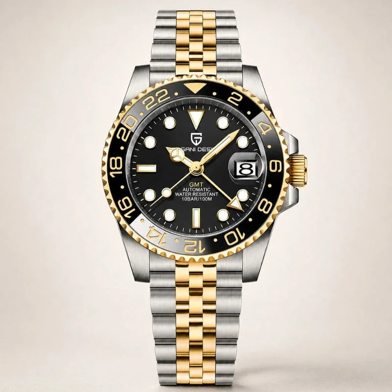 Regal GMT automatic watch by Pagani Design in two-tone gold and steel with black dial