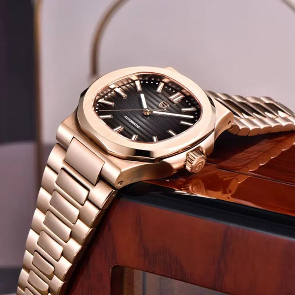Black-dial Rose Horizon by Pagani Design angled over the edge of a wooden table