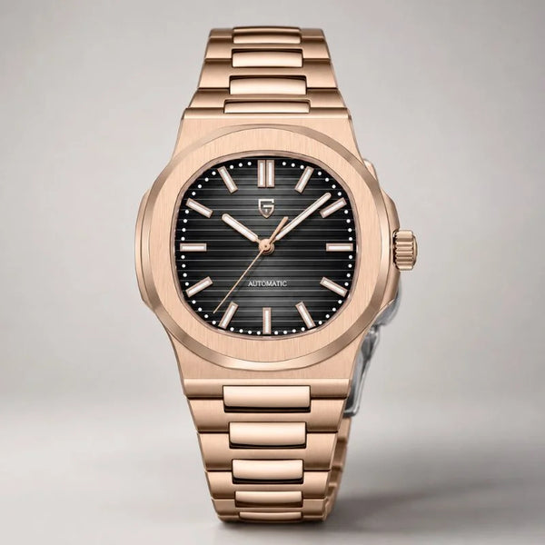 Rose Horizon automatic watch by Pagani Design, rose gold case with black grooved dial and integrated bracelet