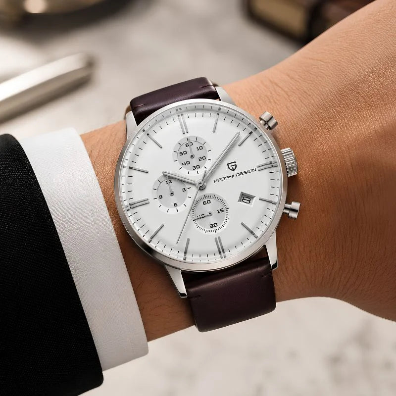 Wearing Silver White Brown Watch Pagani Design 