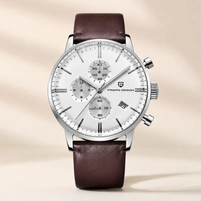 Royal Chrono watch with white chronograph dial and brown leather strap