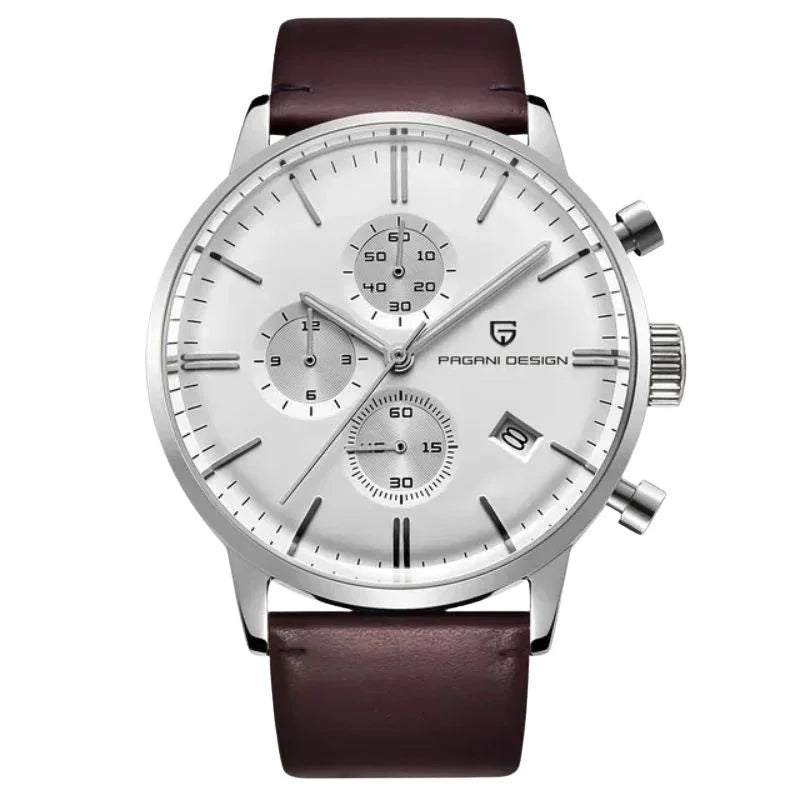 Royal Chrono Elegant Watch - Silver White Brown - Pagani Design