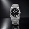 Royal Slim Sapphire watch by Pagani Design, steel case with black dial and integrated bracelet on a dark surface