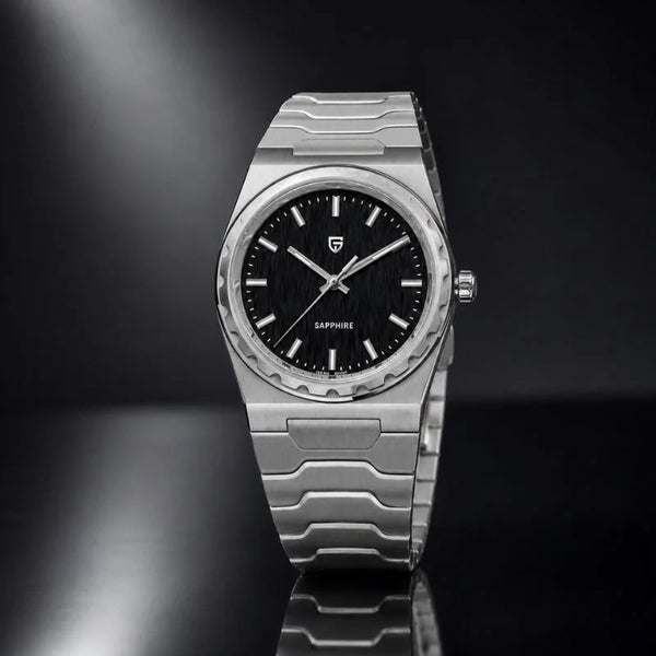 Royal Slim Sapphire watch by Pagani Design, steel case with black dial and integrated bracelet on a dark surface