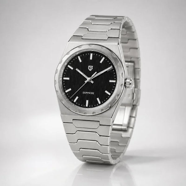 Steel Royal Slim Sapphire by Pagani Design with the bracelet opened against a light backdrop