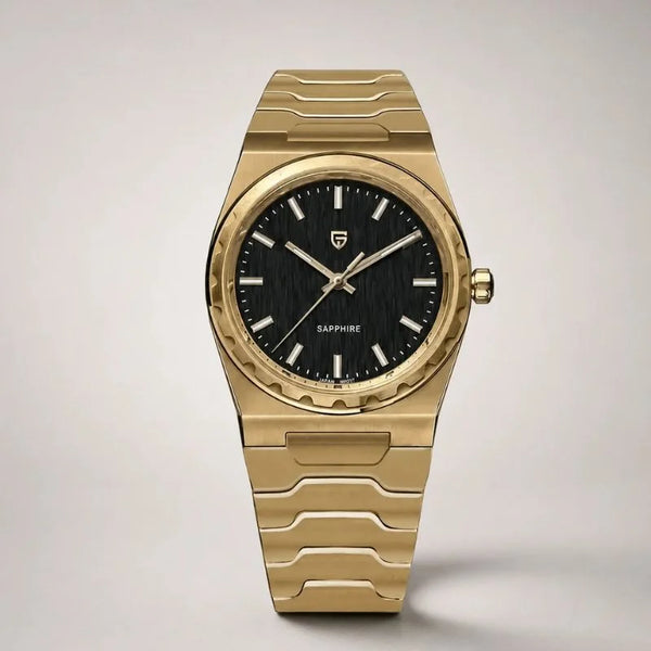 Royal Slim Sapphire watch by Pagani Design, gold case with black dial, front view on cream