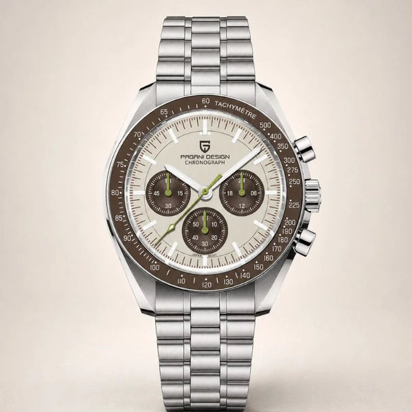 Saturn chronograph by Pagani Design, cream dial with brown tachymetre bezel and steel bracelet
