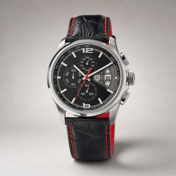 Silver Compass chronograph by Pagani Design, black tachymetre dial on a black leather strap with red stitching