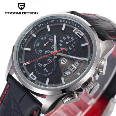 Silver Compass watch, 44.5 mm steel case with chronograph sub-dials and leather strap