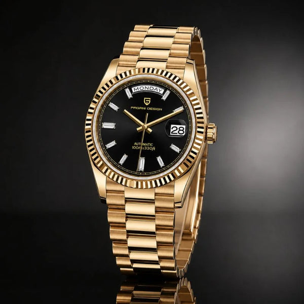 Yellow gold Solarius Classic by Pagani Design angled against a dark background