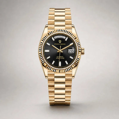 Solarius Classic gold watch with black dial and gold bracelet