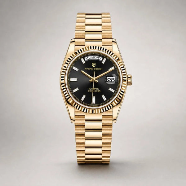 Solarius Classic day-date automatic by Pagani Design in yellow gold with black dial and president bracelet