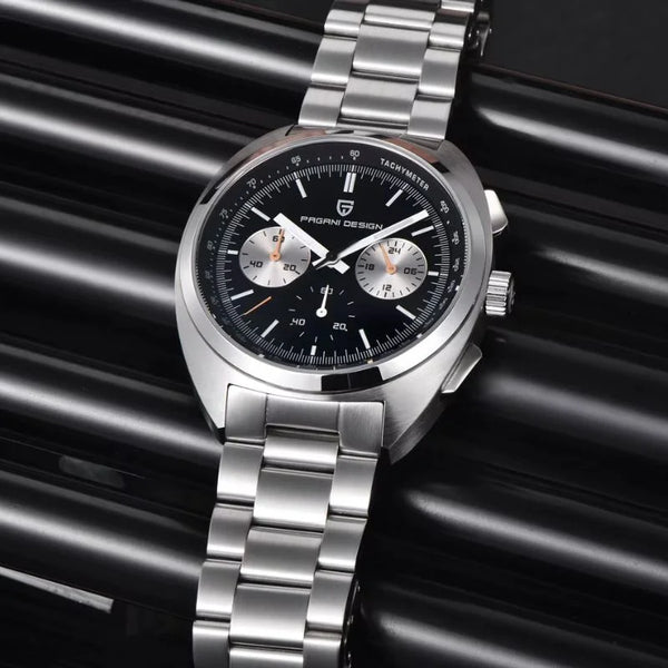 Black-dial Sterling Chrono by Pagani Design against a black ribbed backdrop