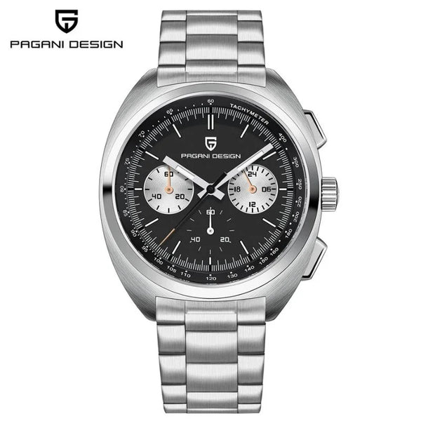Black-dial Sterling Chrono by Pagani Design on a white background with the brand logo