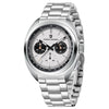 White-dial Sterling Chrono by Pagani Design angled with the bracelet curving behind