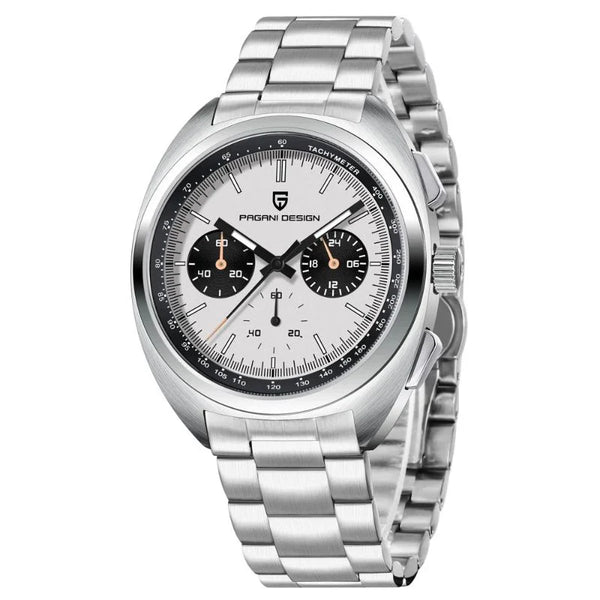 White-dial Sterling Chrono by Pagani Design angled with the bracelet curving behind
