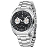 Black-dial Sterling Chrono by Pagani Design angled with the bracelet curving behind