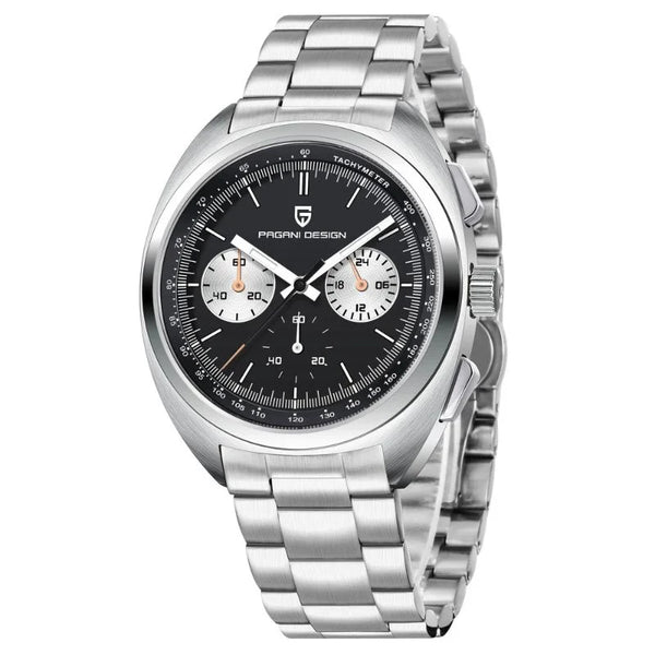 Black-dial Sterling Chrono by Pagani Design angled with the bracelet curving behind