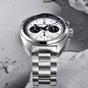 White-dial Sterling Chrono by Pagani Design resting on stone with the tachymetre scale in view