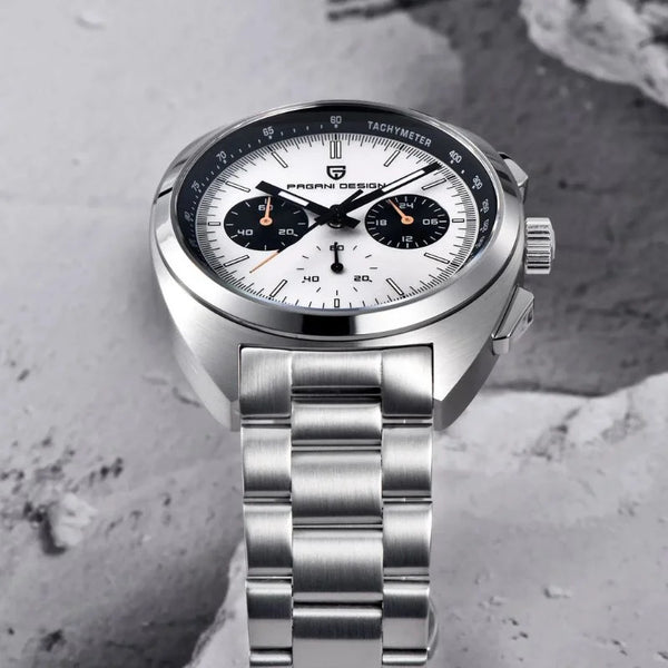 White-dial Sterling Chrono by Pagani Design resting on stone with the tachymetre scale in view