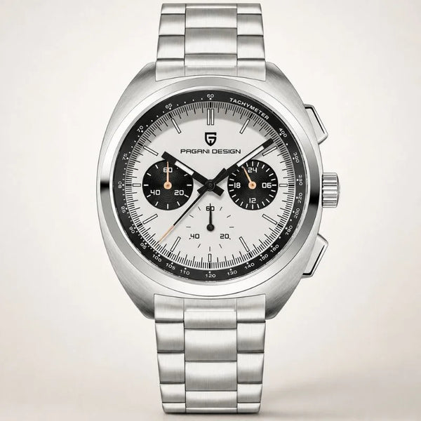 Sterling Chrono chronograph by Pagani Design, white panda dial with tachymetre bezel and steel bracelet
