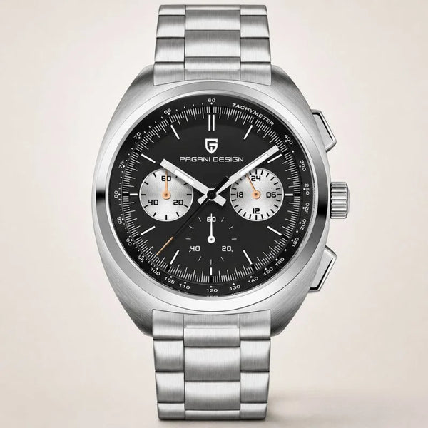 Sterling Chrono chronograph by Pagani Design, black dial with tachymetre bezel and stainless steel bracelet