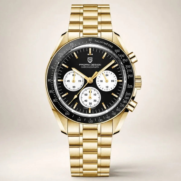 Gold Summit chronograph by Pagani Design, black dial with white sub-dials on a gold-tone bracelet