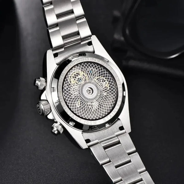 Caseback of the steel Urban Motion by Pagani Design showing the guilloche pattern