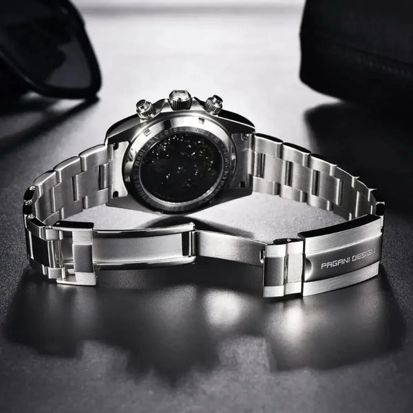 Steel Urban Motion by Pagani Design with the bracelet opened on a grey surface