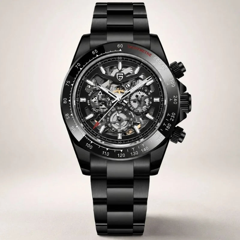 Urban Motion skeleton chronograph by Pagani Design in all black with tachymetre bezel and steel bracelet