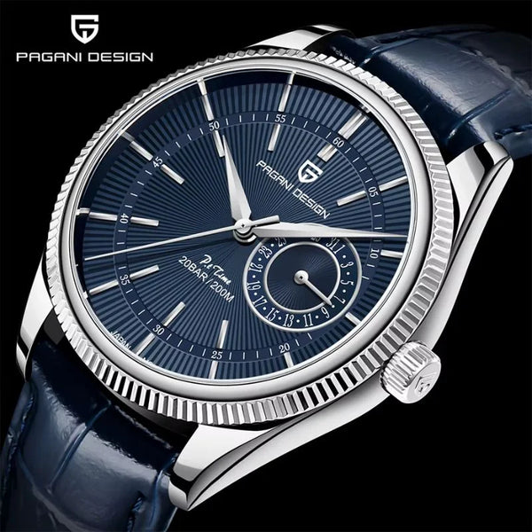 Large close-up of the Vanguard Classic blue dial and fluted bezel by Pagani Design