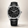 Vanguard Classic dress watch by Pagani Design, steel case with black dial, front view on cream
